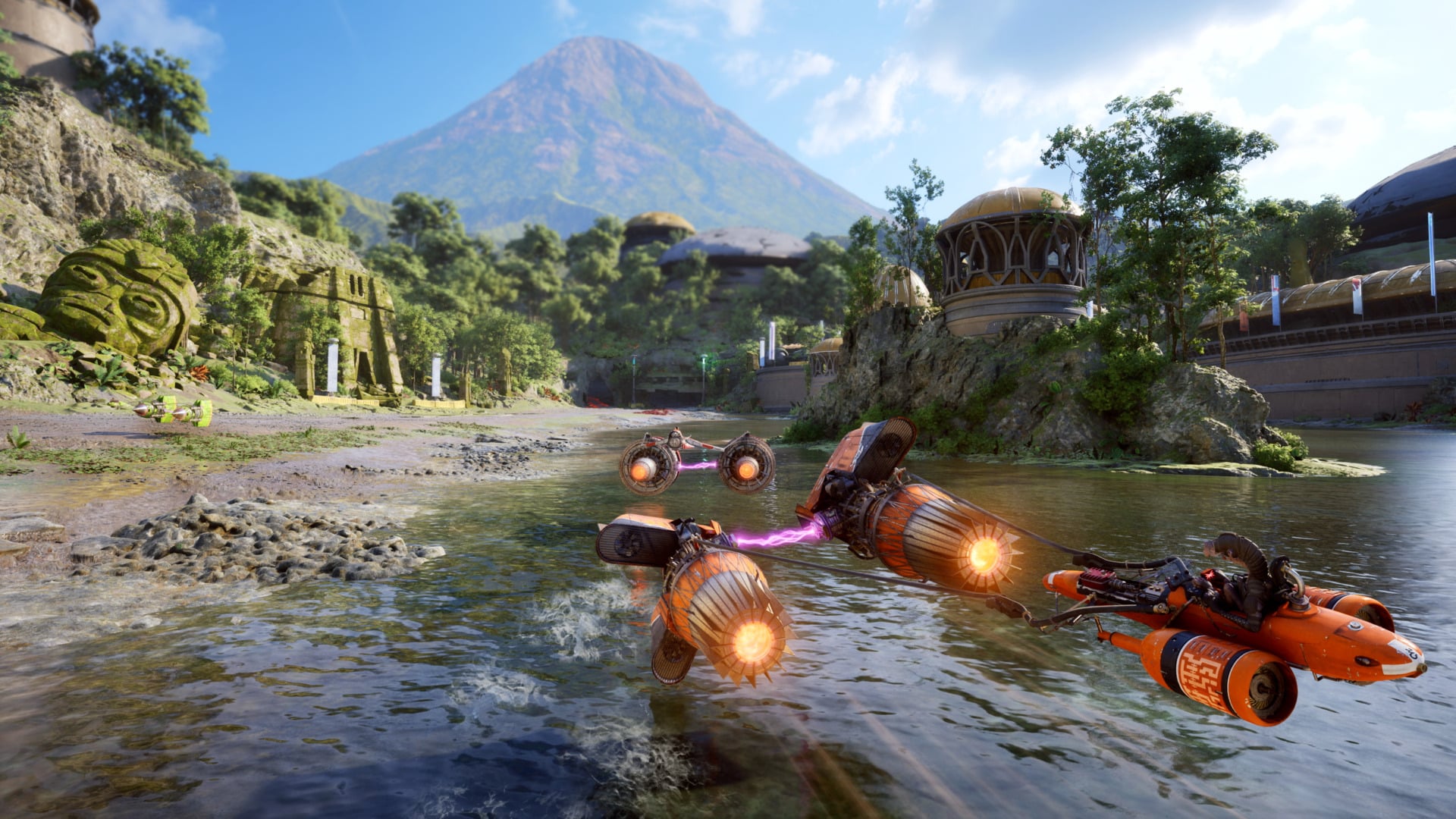Podracers race across water in Star Wars: Galactic Racer