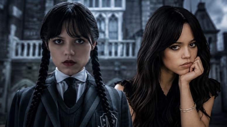 Jenna Ortega as Wednesday Addams and in a casual look