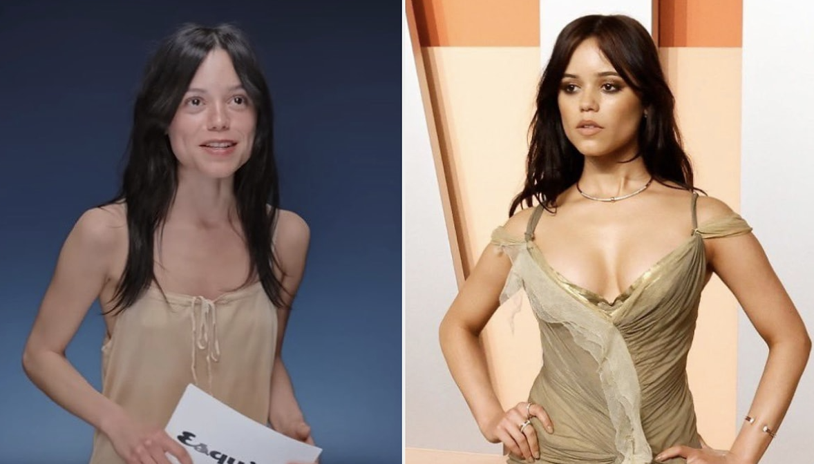 Comparison of Jenna Ortega's appearance in her Esquire interview and a red carpet photo