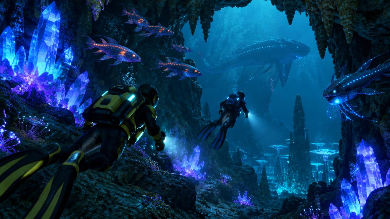 Divers explore a crystal cave in Subnautica 2's alien ocean